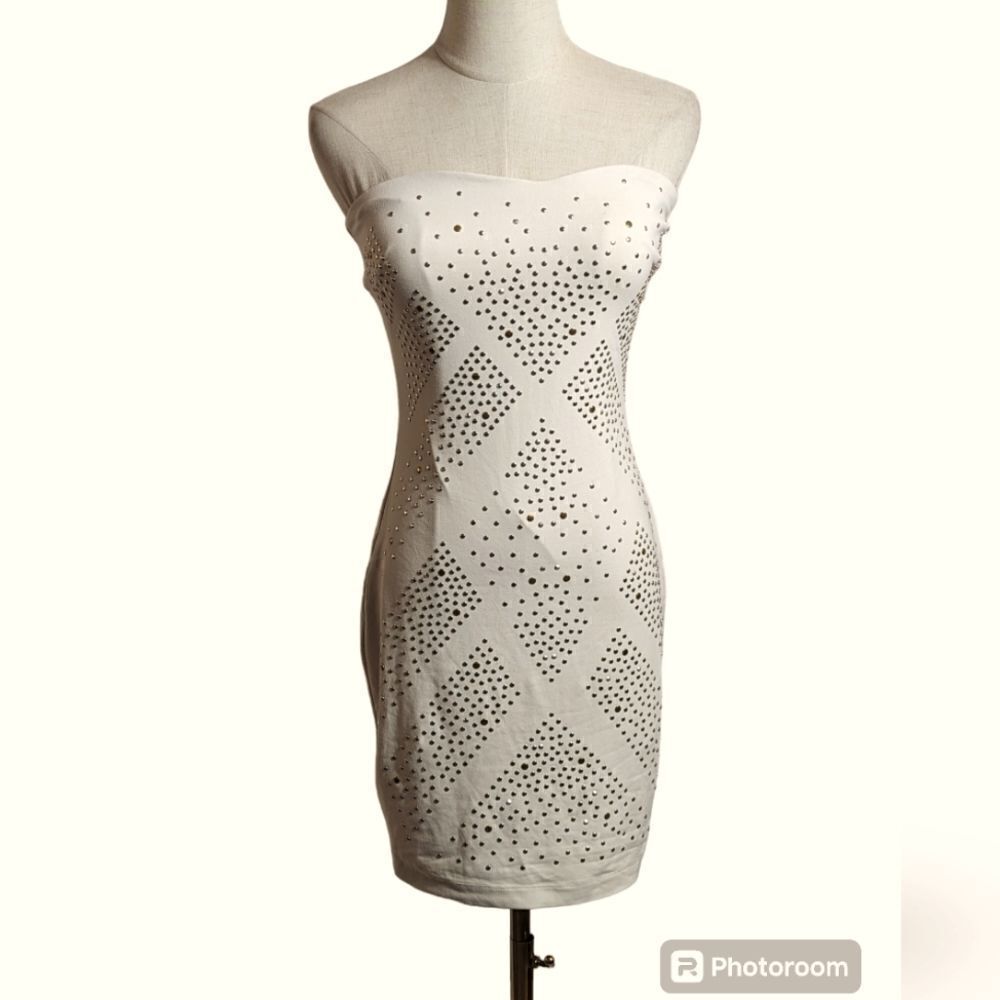 Bebe Cream Bodycon Studded Mini Dress